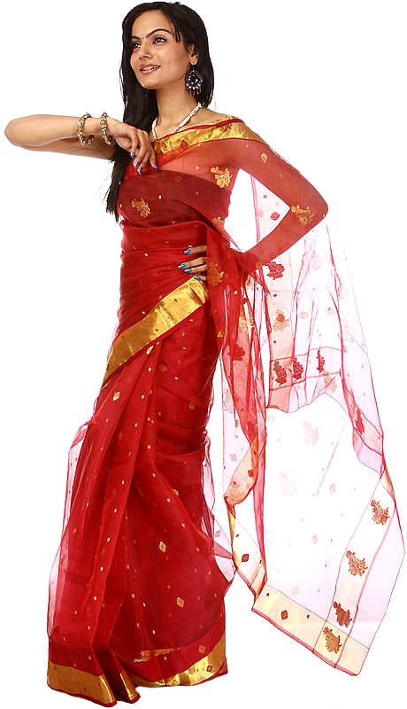 Red Chanderi Sari with Golden Border and Bootis