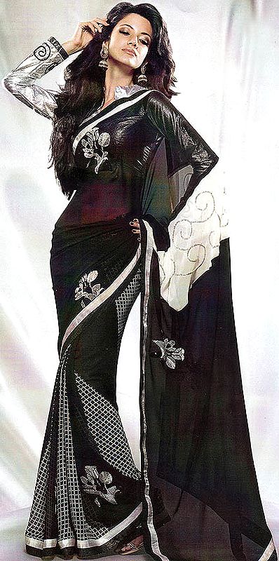 Black Printed Designer Sari with Patch Border and Flowers Embroidered with Sequins