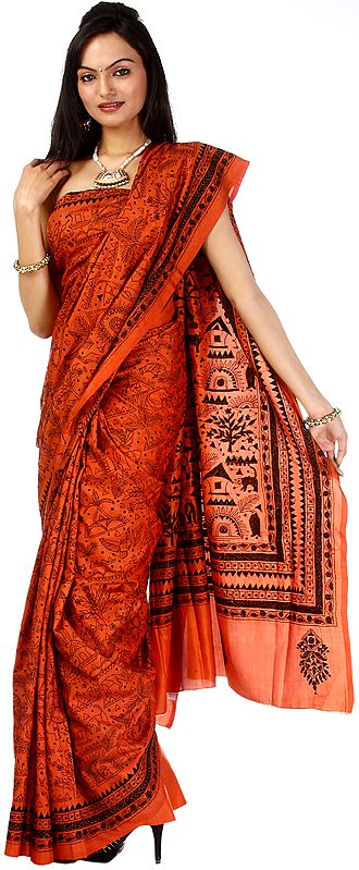 Burnt-Sienna Kantha Sari with Hand-Embroidered Figures Inspired by Warli Art