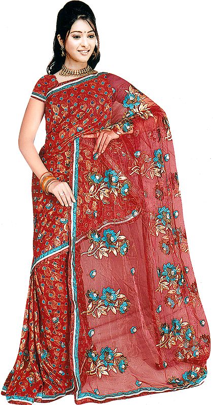 Red Printed Shimmering Sari with Crewel Embroidered Flowers