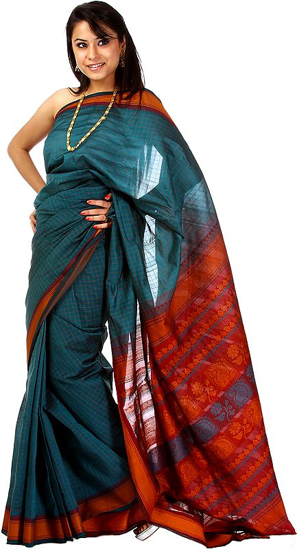 Cerulean-Green Handwoven Narayanpet Sari with Weave on Anchal