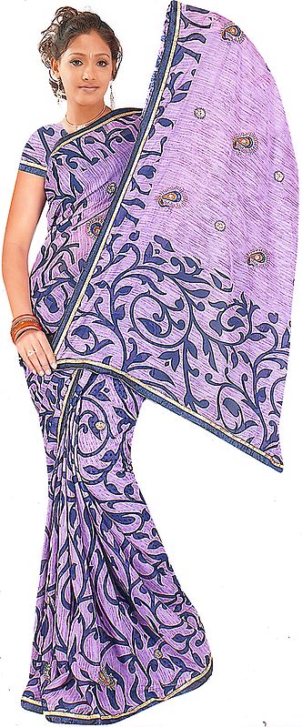 Bougainvillea-Purple Printed Sari with Sequins Embroidered as Flowers