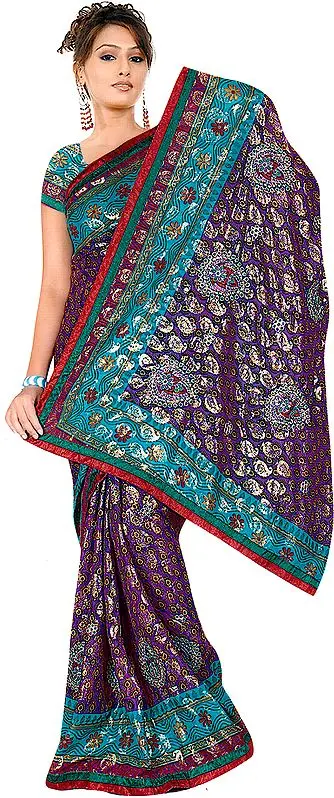 Green Printed Shimmering Sari with Crewel Embroidered Bootis