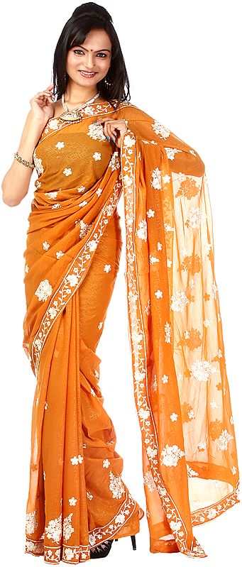 Brown Sari with Aari Embroidered Flowers All-Over