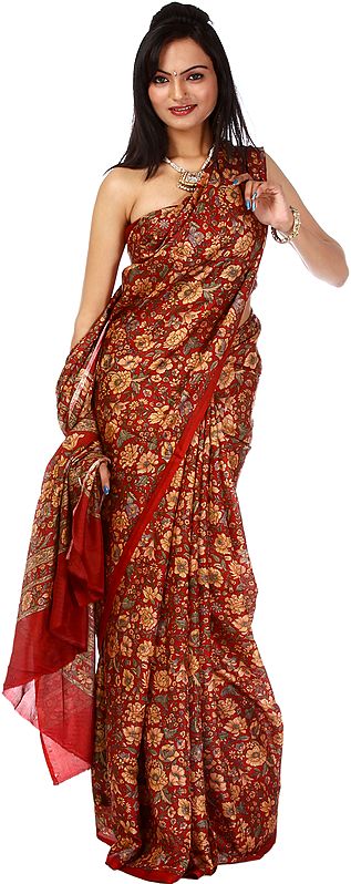 Red Floral Printed Suryani Sari from Mysore