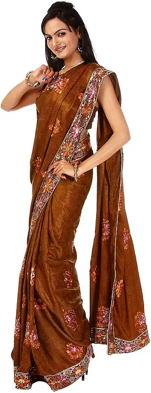 Brown Aari-Embroidered Sari with Self Weave and Sequins