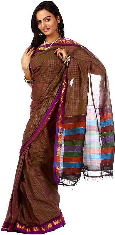 Green and Purple Dichroic Handwoven Gadwal Sari with Zari and Striped Anchal