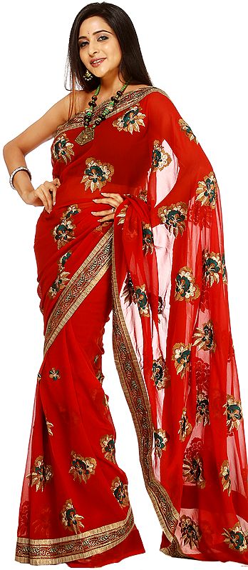 Rust Sari with Large Aari Embroidered Flowers