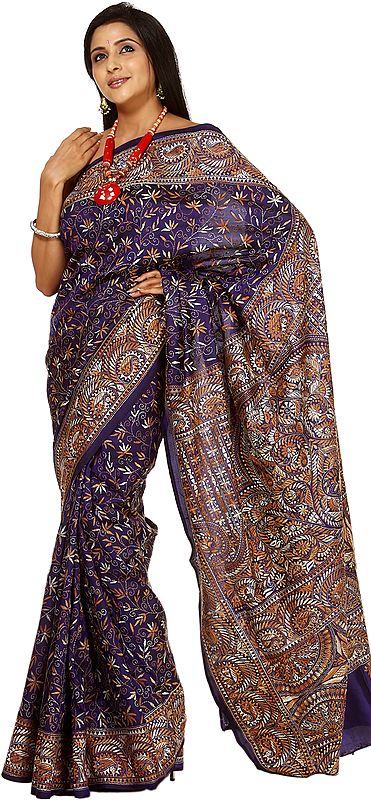 Navy-Blue Kantha Sari with Hand-Embroidery All-Over