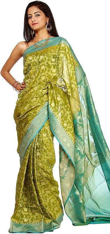 Lime-Green Jamdani Sari from Banaras with All-Over Brocaded Floral Weave