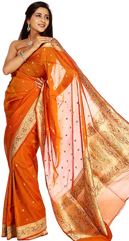 Golden-Oak Brocaded Sari from Banaras with Hand-Embroidered Beadwork