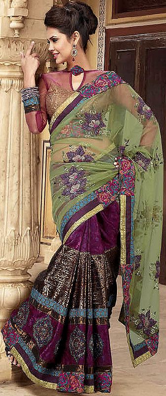 Lime and Purple Wedding Sari with Patch Border and Floral Embroidery