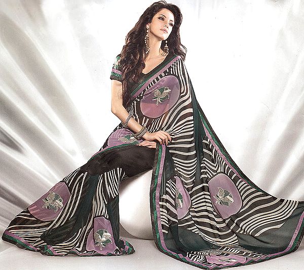 Mauve and Black Printed Designer Sari with Patch Border and Floral Embroidery