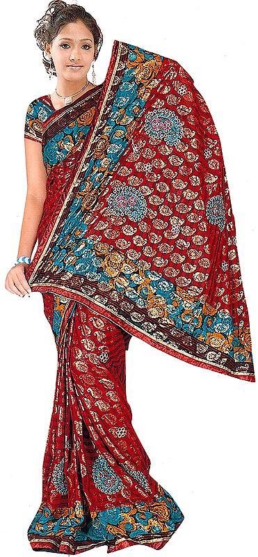 Red Printed Shimmering Sari with Crewel Embroidered Flowers