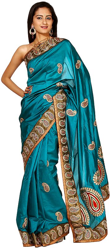 Enamel-Blue Handloom Sari from Banaras with Zardozi Embroidered Paisleys