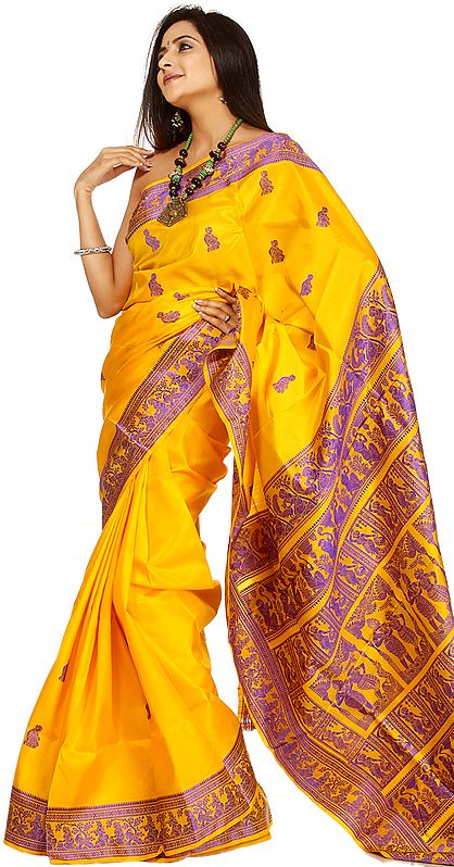 Freesia-Yellow Baluchari Sari Depicting Mythological Episodes