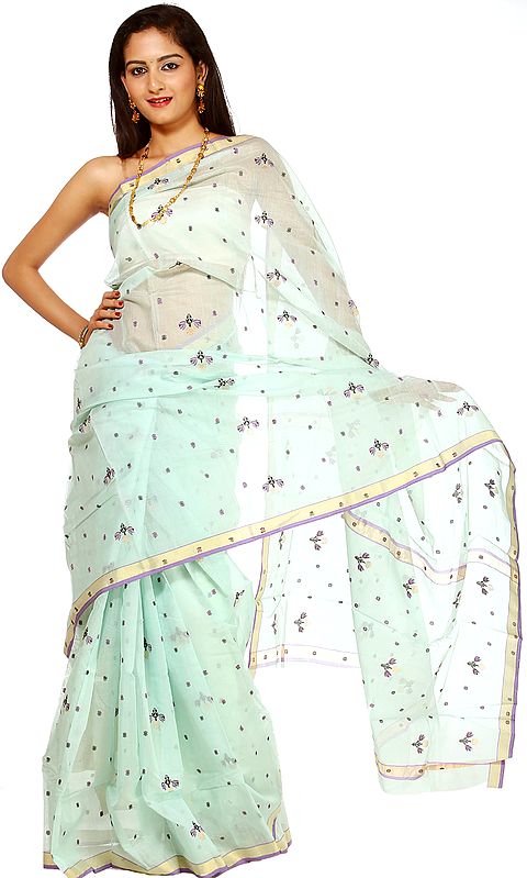 Pale-Green Chanderi Sari with Golden Border and All-Over Woven Bootis