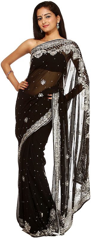 Starry-Nights Wedding Sari with Embroidered Sequins and Threadwork