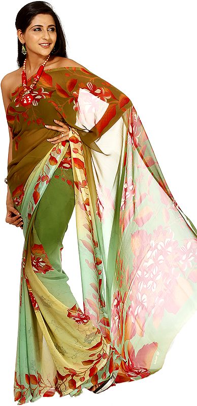 Green Floral Printed Suryani Sari