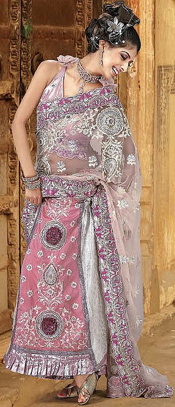 Powder-Pink Bridal Lehenga Sari with Patch Border and Embroidery All-Over