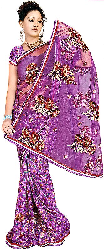Purple Printed Sari with Crewel Embroidered Flowers and Net Pallu