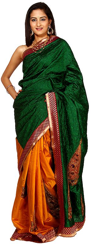 Islamic-Green and Mustard Handloom Sari from Banaras with Patch Border and Large Embrodiered Bootis