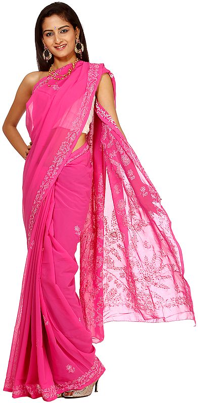 Carmine-Rose Lukhnavi Chikan Embroidered Sari with Sequins