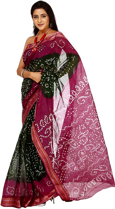 Green and Purple Shaded Bandhani Sari from Gujarat