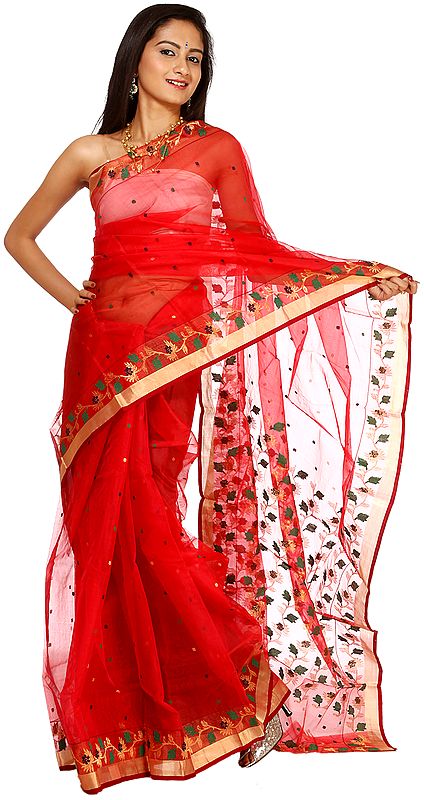 Tomato-Red Chanderi Sari with Floral Weave and Golden Border