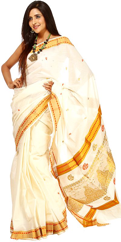 Ivory Kasavu Cotton Sari from Kerala with Woven Radha and Krishna