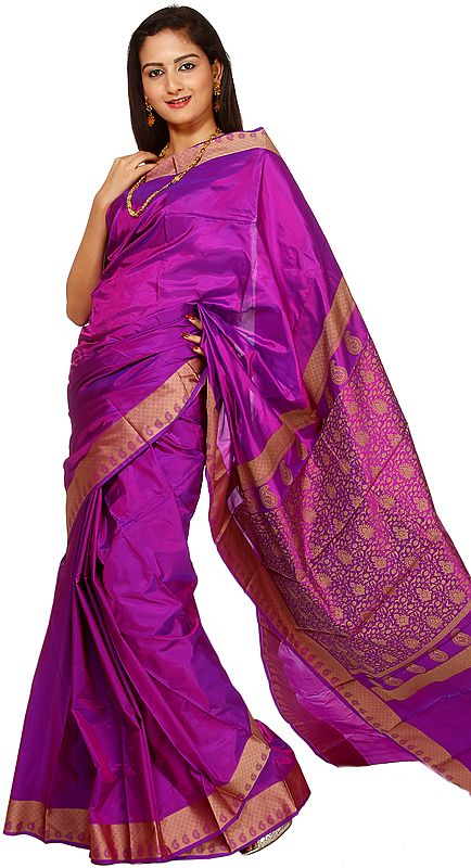 Purple Valkalam Sari from Bangalore with Hand-Woven Paisleys