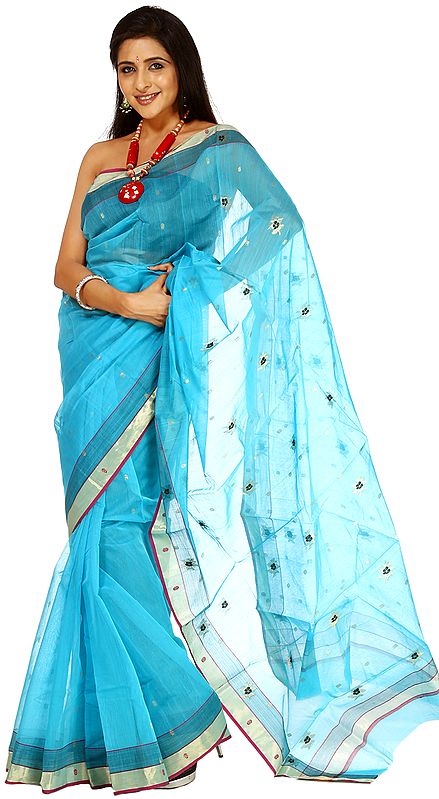 Robin-Egg Blue Chanderi Sari with Golden Border and All-Over Woven Bootis