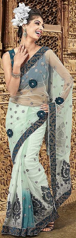 Pale-Green Wedding Sari with Patch Border and Embroidered Sequins
