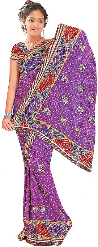 Purple Bandhani Printed Sari with Aari Embroidered Paisleys and Gota Border