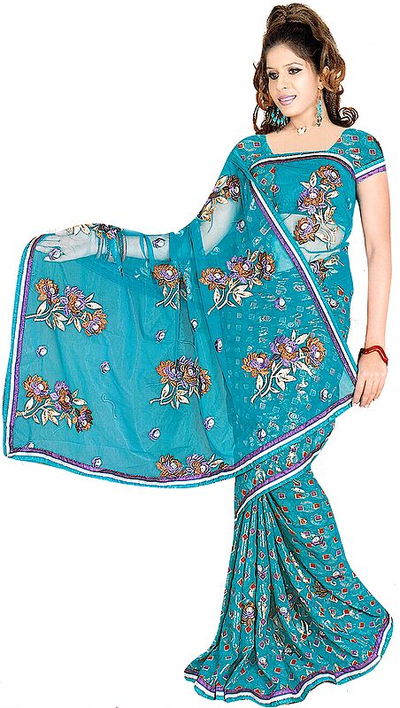 Sea-Green Printed Sari with Crewel Embroidered Flowers and Net Pallu