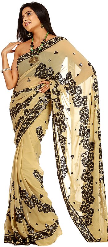Beige Sari with Black Sequins Embroidered as Flowers