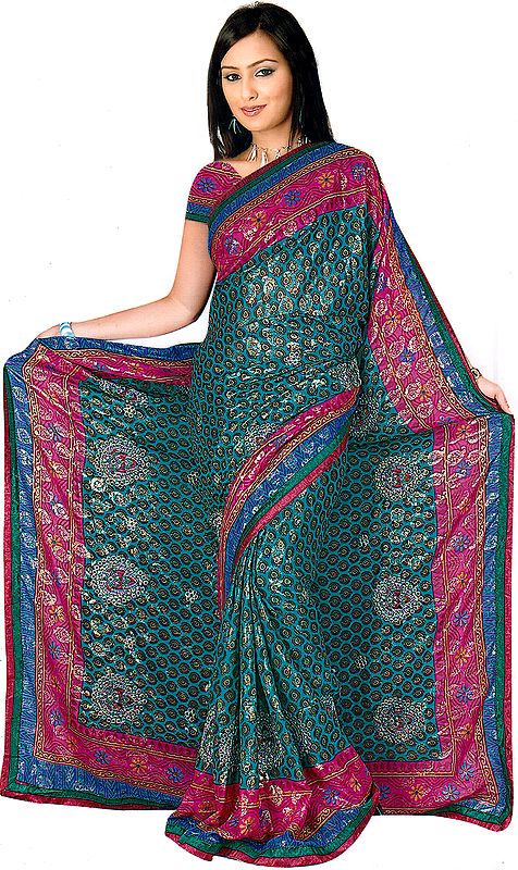 Green Printed Sari with Embroidered Flowers and Shimmering Bootis