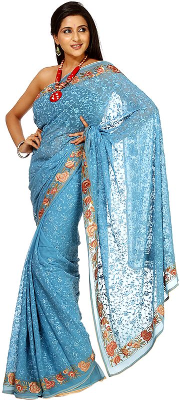 Milky-Blue Sari with Parsi Embroidered Flowers All-Over