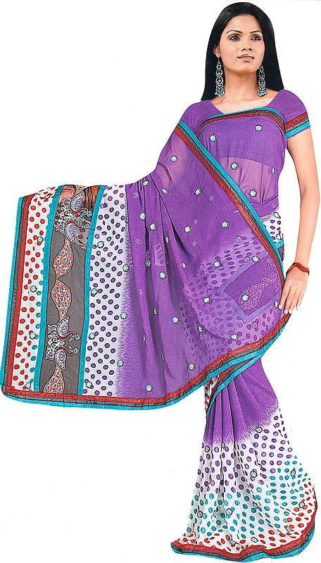 White and Amethyst Printed Sari with Aari Embroidered Bootis and Sequins