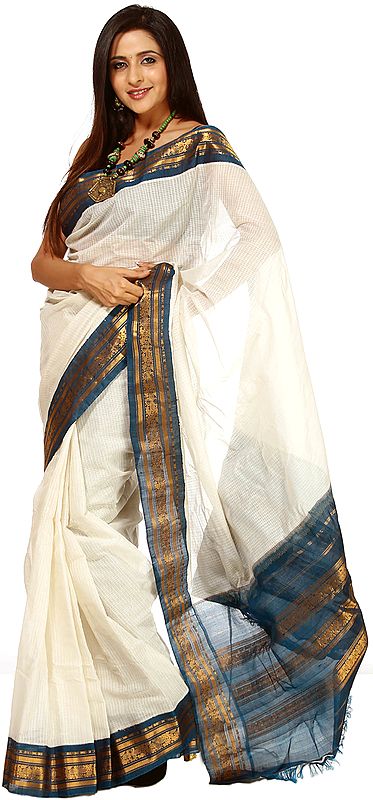 Ivory and Blue Handwoven Gadwal Sari with Zari and Weave and Fine Checks