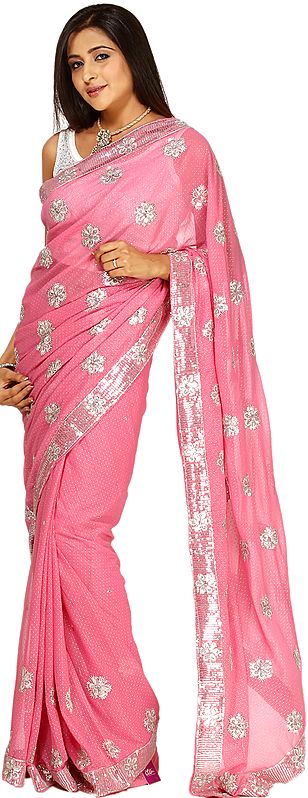 Morning Glory-Pink Mokaish Sari with Crewel Embroidered Flowers