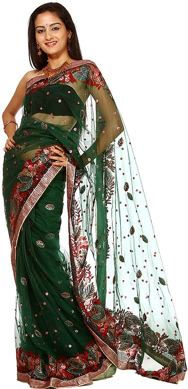 Alpine-Green See-Through Sari with All-Over Aari Embroidered Leaves and Gota Border
