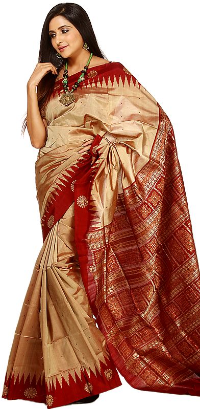 Beige and Russet-Brown Bomkai Sari with Golden Bootis and Temple Border