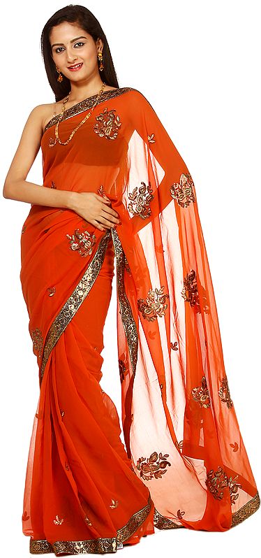 Burnt-Orange Sari with Embroidered Paisleys and Patch Border