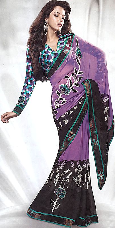 Purple and Black Printed Designer Sari with Patch Border and Floral Embroidery