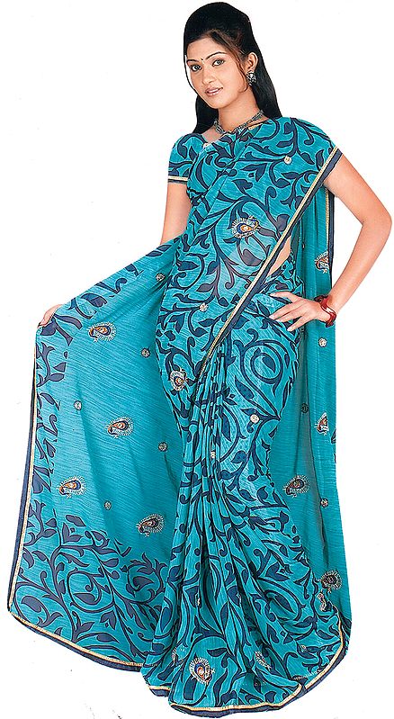 Green Printed Sari with Embroidered Paisleys and Sequins