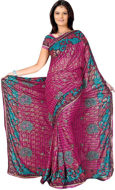 Purple Printed Shimmering Sari with Embroidered Flowers and Paiselys All-Over
