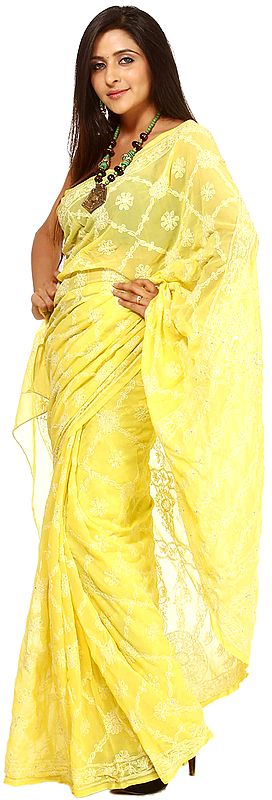 Blazing -Yellow Lukhnavi Chikan Embroidered Sari with Sequins