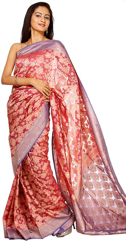 Pink and Lavender Jamdani Banarasi Sari with Hand-Woven Flowers All-Over