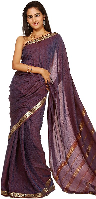 Deep-Purple Suryani Sari from Mysore with Flowers Woven in Self and Golden Border